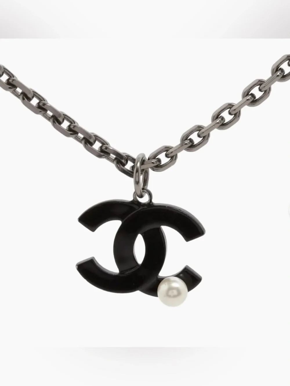 CHANEL Black Bead Necklace with Pearl Accent and Logo Pendant